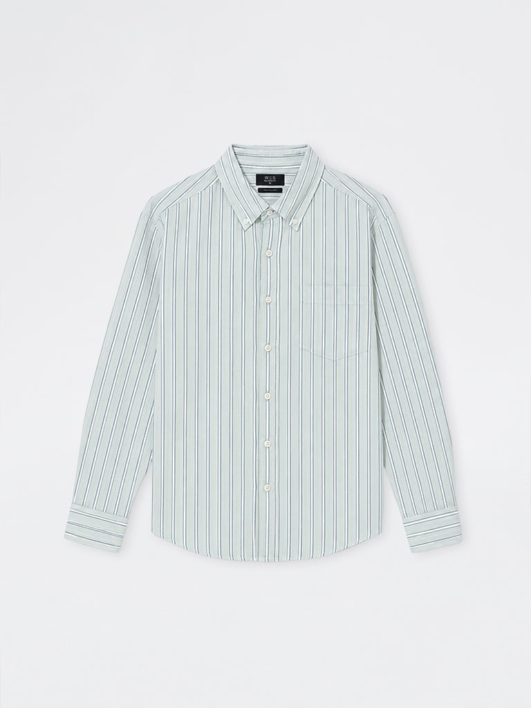 WES Casuals Light Green Striped Relaxed-Fit Cotton Shirt