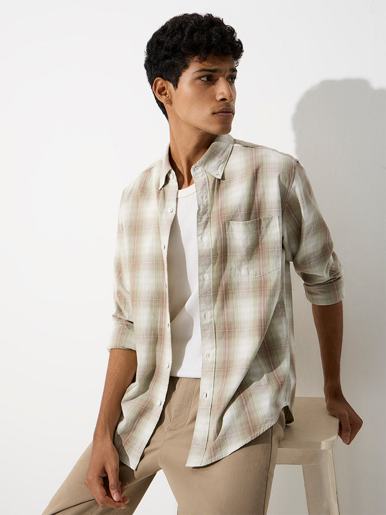 WES Casuals Green Checkered Relaxed-Fit Cotton Shirt