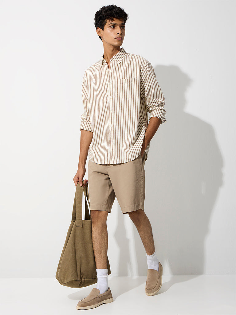 WES Casuals Brown Striped Relaxed-Fit Cotton Shirt