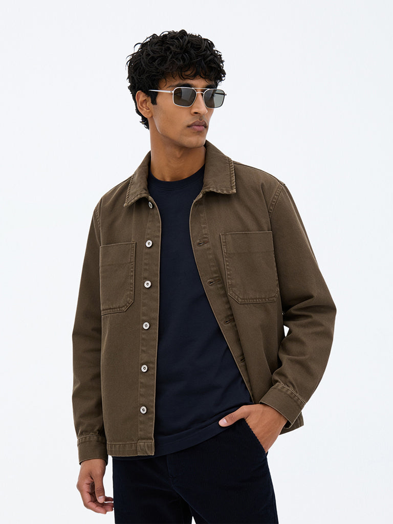 WES Casuals Dark Brown Relaxed-Fit Denim Shirt