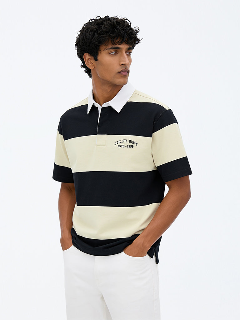 WES Casuals Cream & Black Relaxed-Fit Cotton-Blend Polo T-Shirt