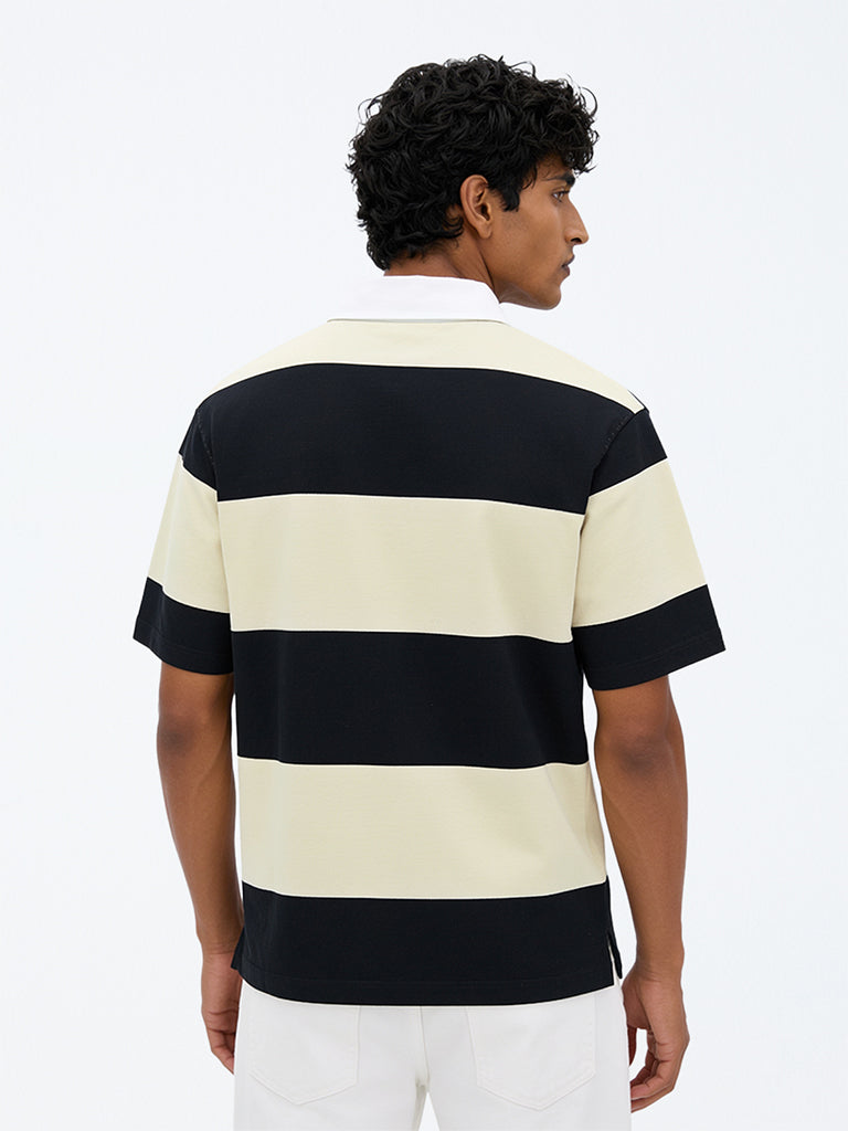 WES Casuals Cream & Black Relaxed-Fit Cotton-Blend Polo T-Shirt
