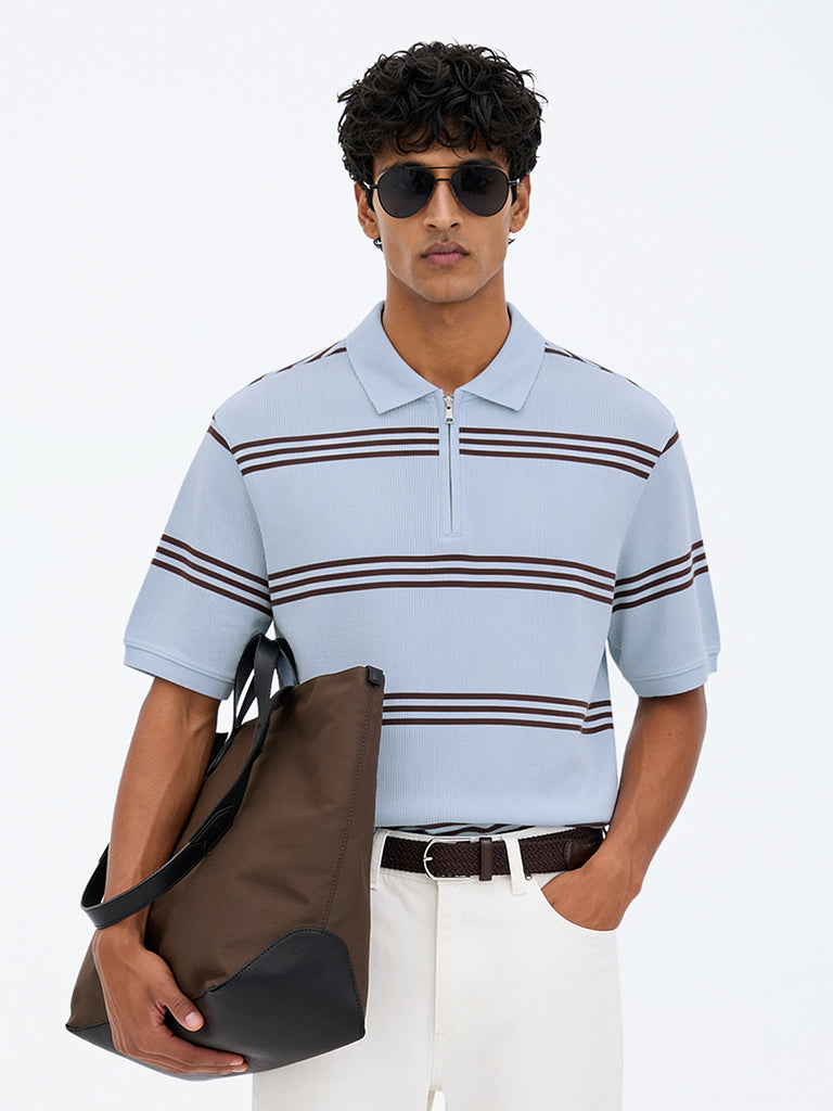 WES Casuals Light Blue Striped Relaxed-Fit  Quarter-Zip Cotton-Blend Polo T-Shirt