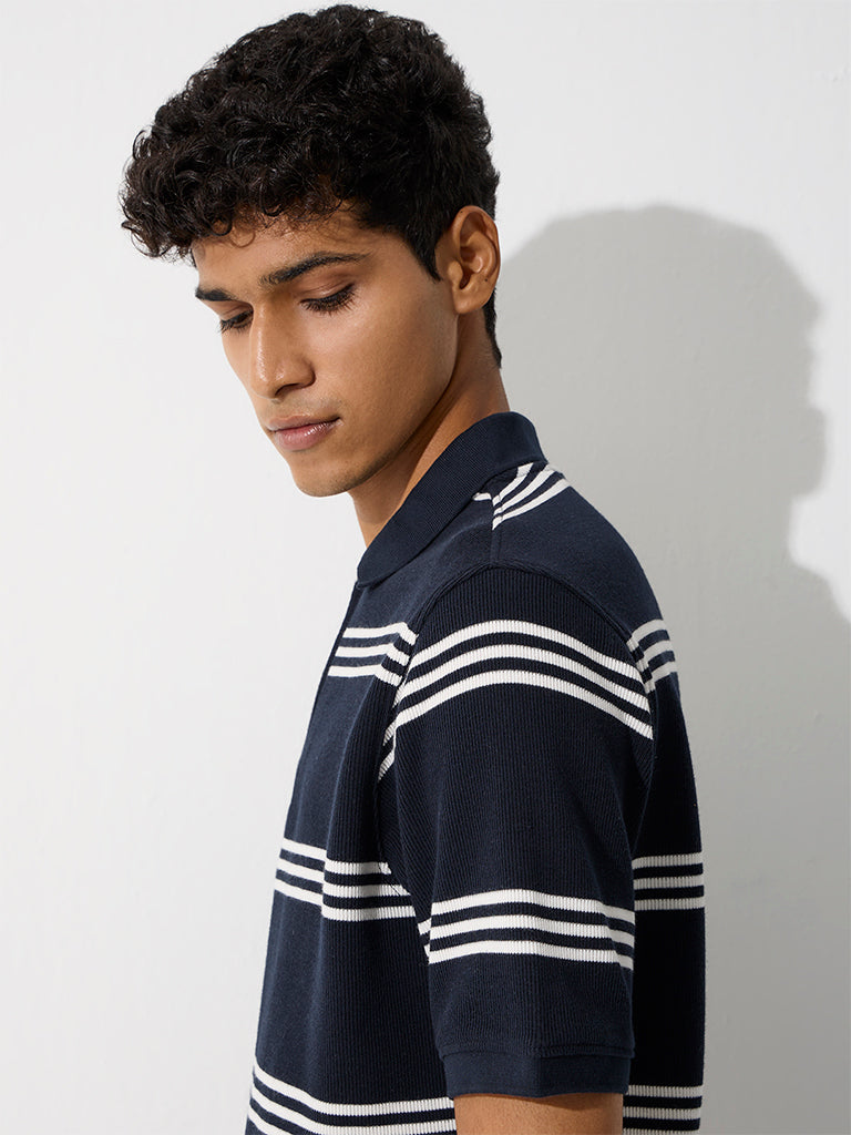WES Casuals Navy Striped Relaxed-Fit Quarter-Zip Cotton-Blend Polo T-Shirt