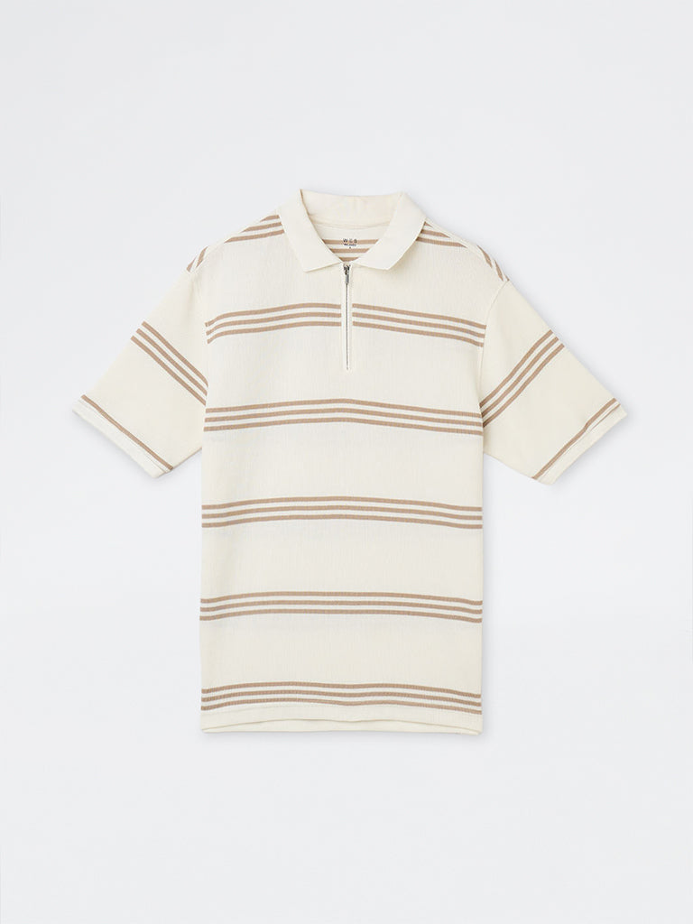 WES Casuals Ivory Striped Relaxed-Fit Cotton-Blend Polo T-Shirt