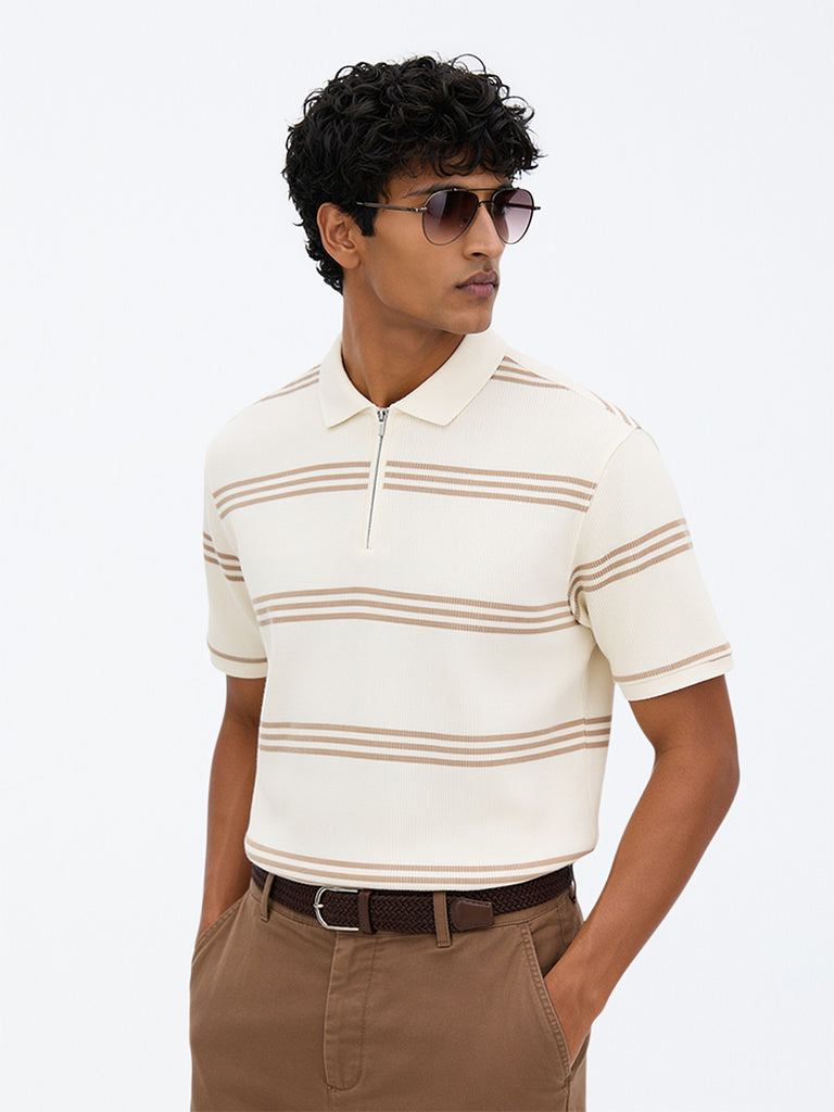 WES Casuals Ivory Striped Relaxed-Fit Cotton-Blend Polo T-Shirt