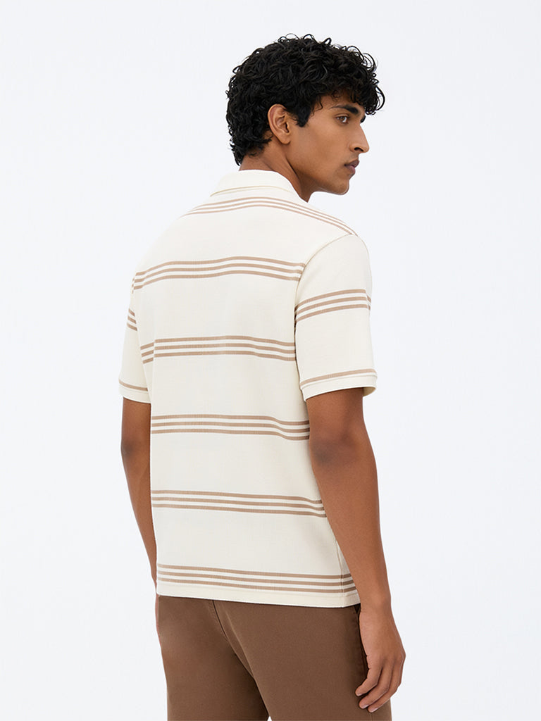 WES Casuals Ivory Striped Relaxed-Fit Cotton-Blend Polo T-Shirt