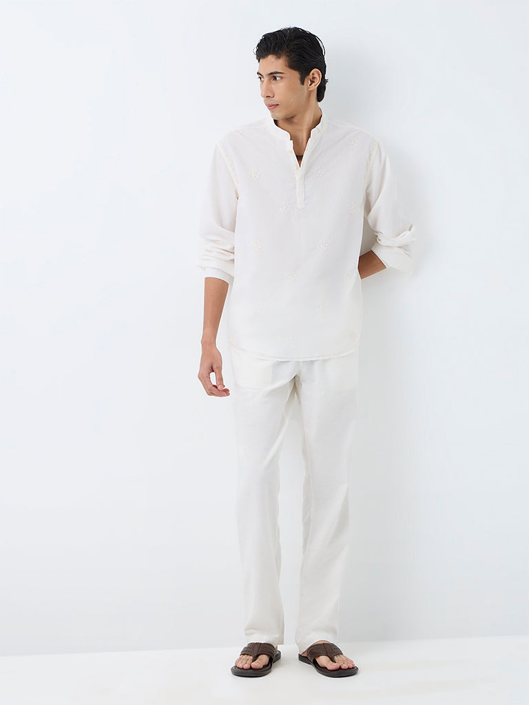 Kala by ETA White Relaxed-Fit Mid-Rise Cotton-Blend Pants
