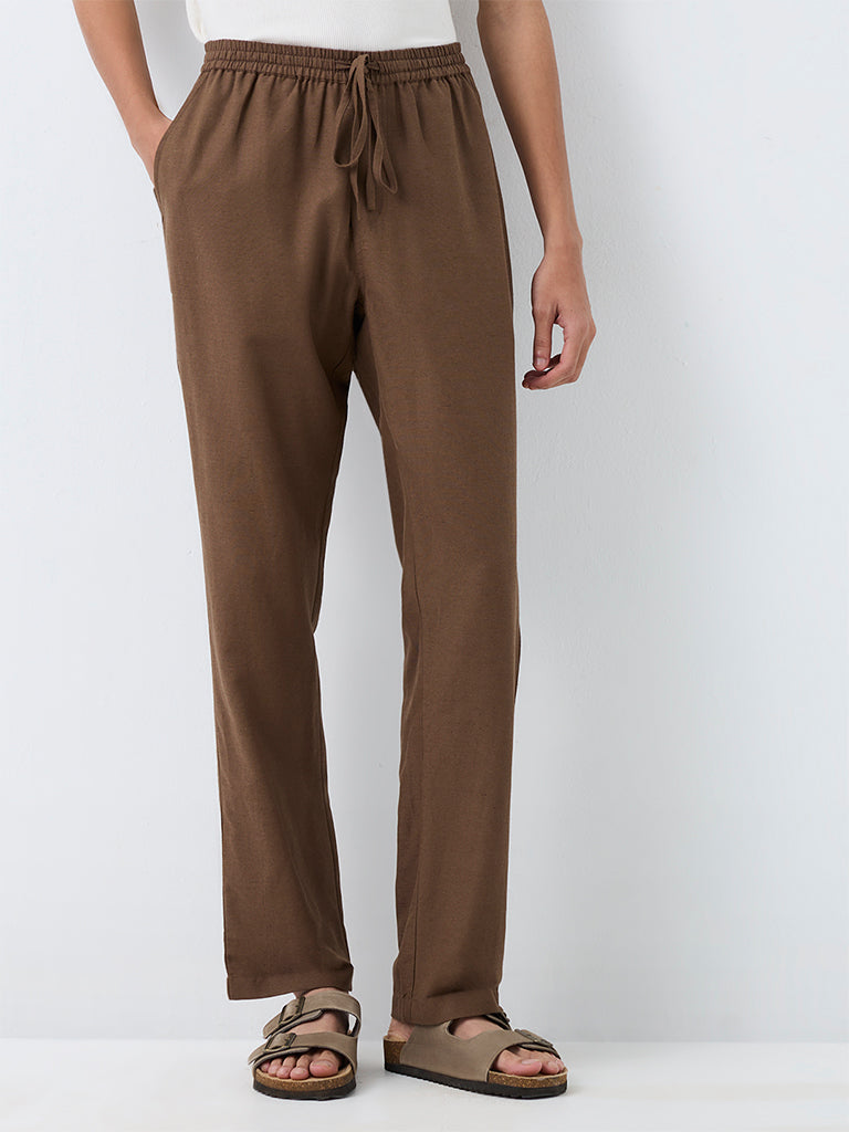 Kala by ETA Dark Taupe Relaxed-Fit Mid-Rise Cotton-Blend Pants