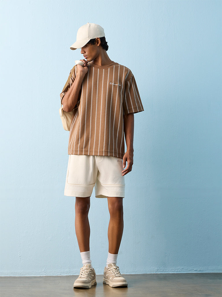 Nuoflexx Light Brown Striped Relaxed-Fit Cotton-Blend T-Shirt