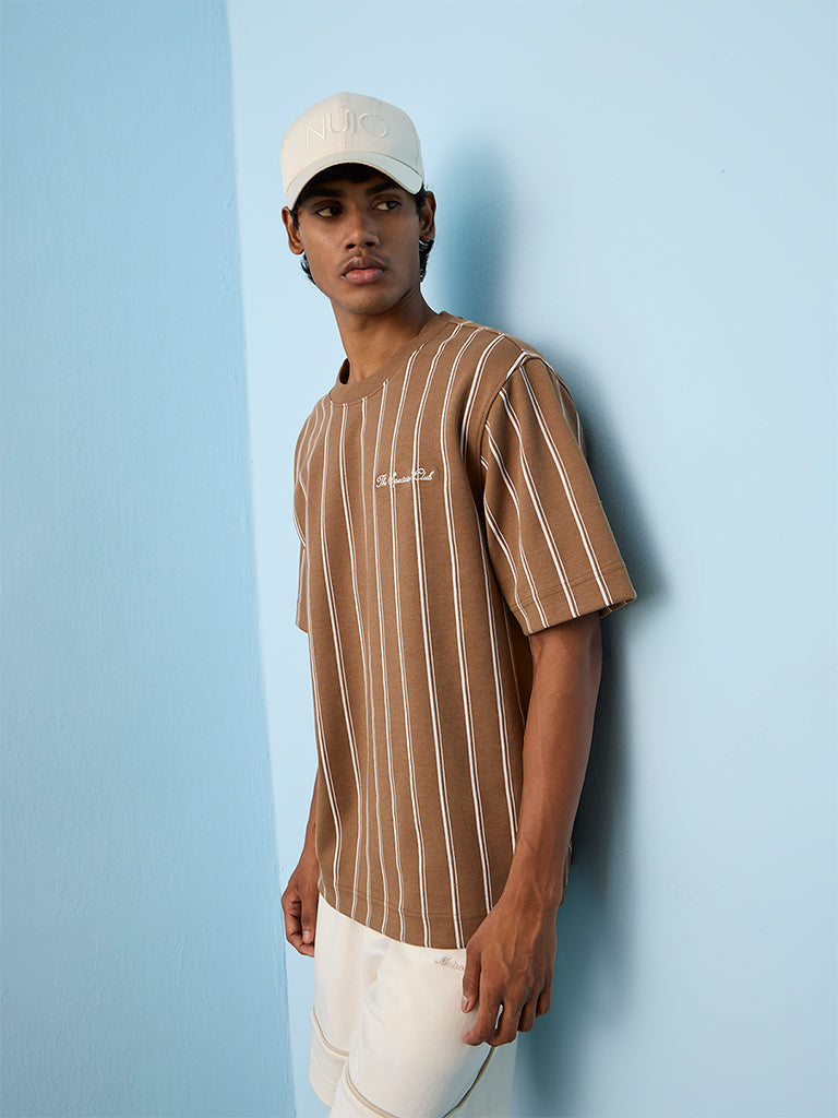 Nuoflexx Light Brown Striped Relaxed-Fit Cotton-Blend T-Shirt