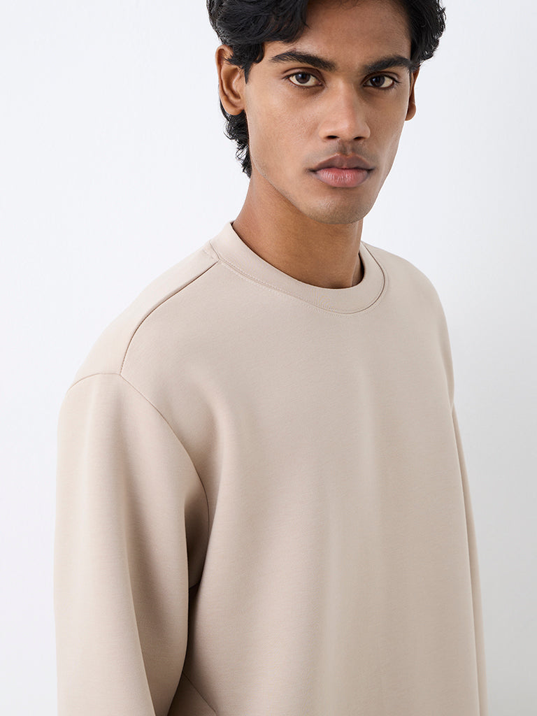Nuoflexx Light Beige Solid Relaxed-Fit Sweatshirt