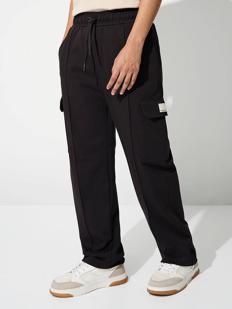 Nuoflexx Black Relaxed-Fit Mid-Rise Cargo-Style Track Pants