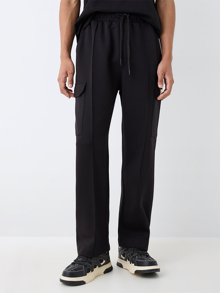 Nuoflexx Black Cargo-Style Relaxed-Fit Mid-Rise Track Pants