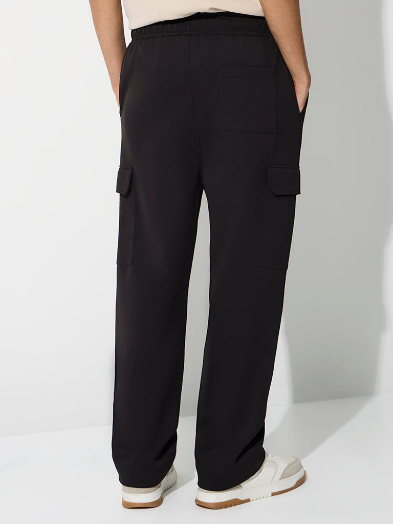 Nuoflexx Black Relaxed-Fit Mid-Rise Cargo-Style Track Pants