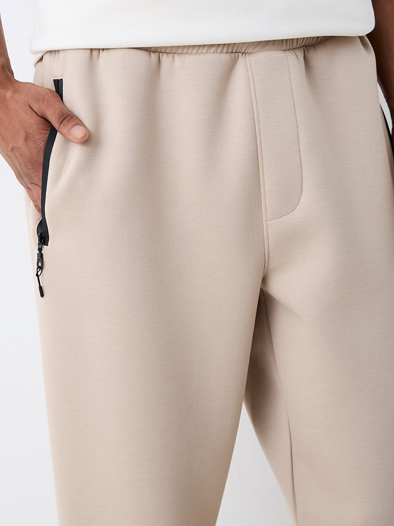 Nuoflexx Light Beige Solid Relaxed-Fit Mid-Rise Track Pants
