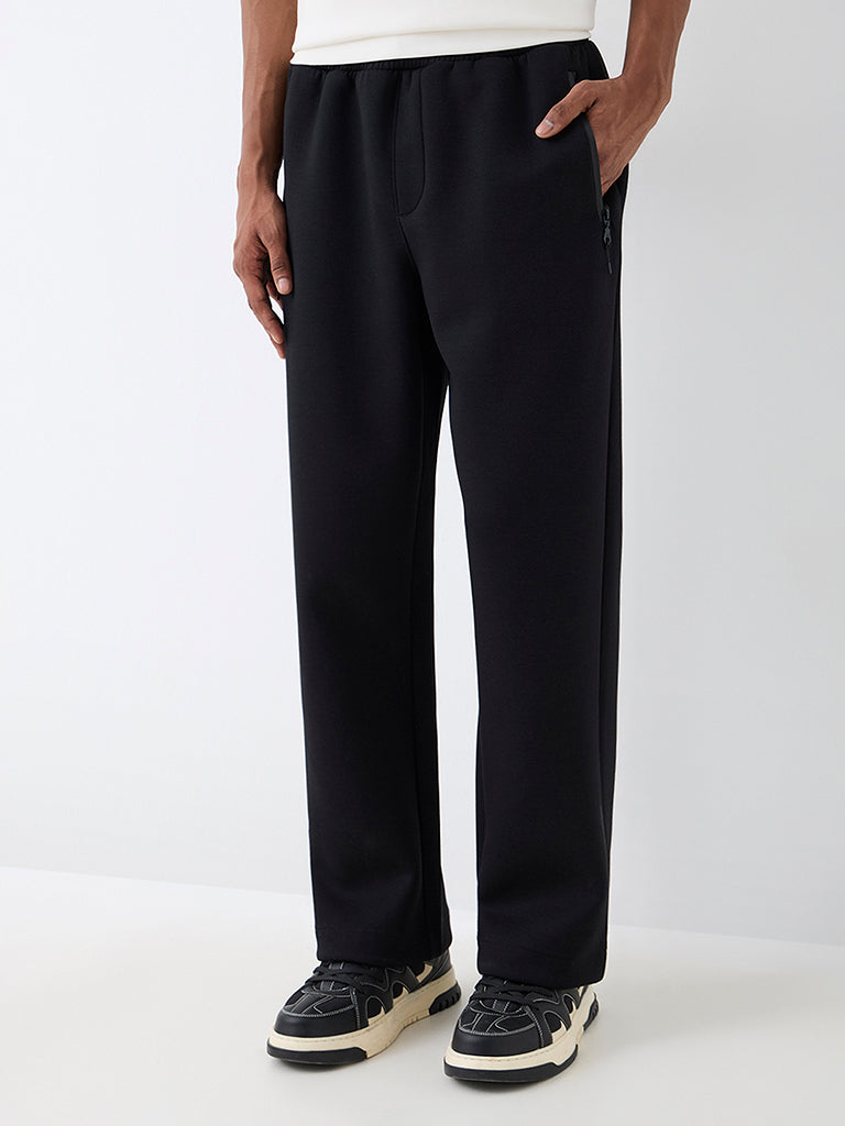 Nuoflexx Black Solid Relaxed-Fit Mid-Rise Track Pants