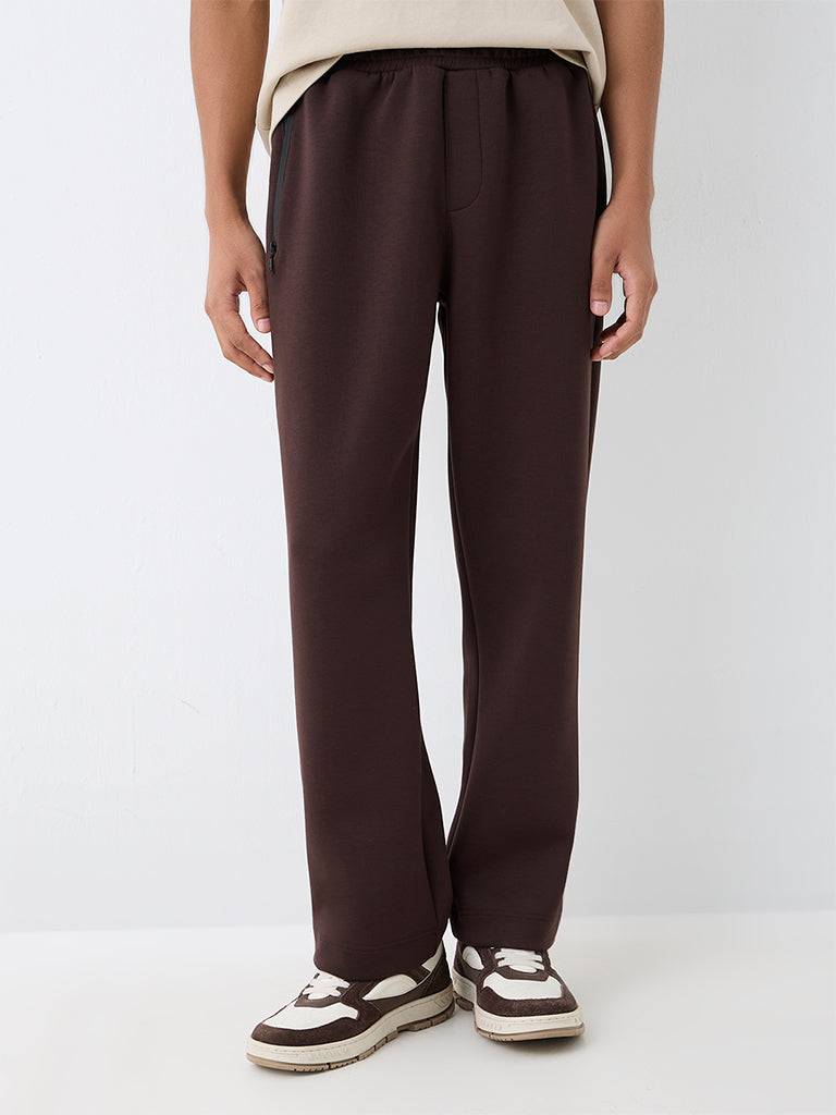 ETA Brown Solid Relaxed-Fit Mid-Rise Track Pants