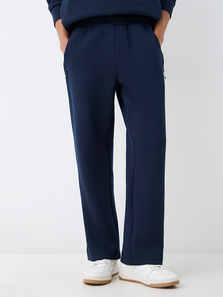 Nuoflexx Navy Solid Relaxed-Fit Mid-Rise Track Pants