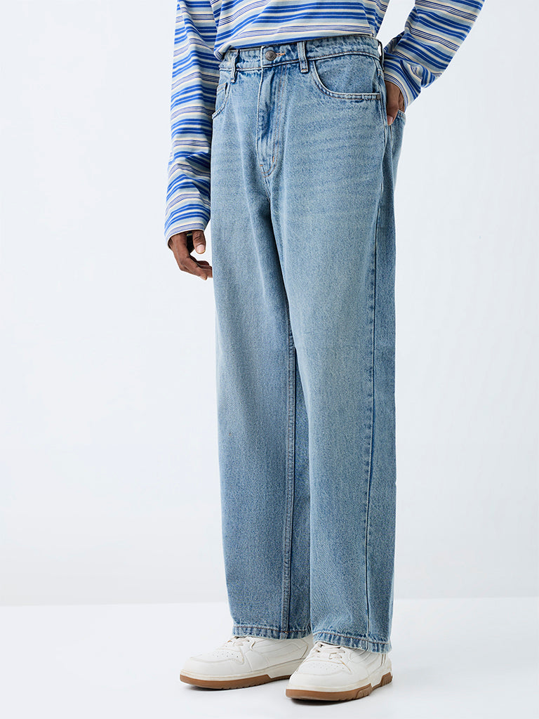Nuon Light Blue Mid Washed Boxy-Fit Mid-Rise Jeans