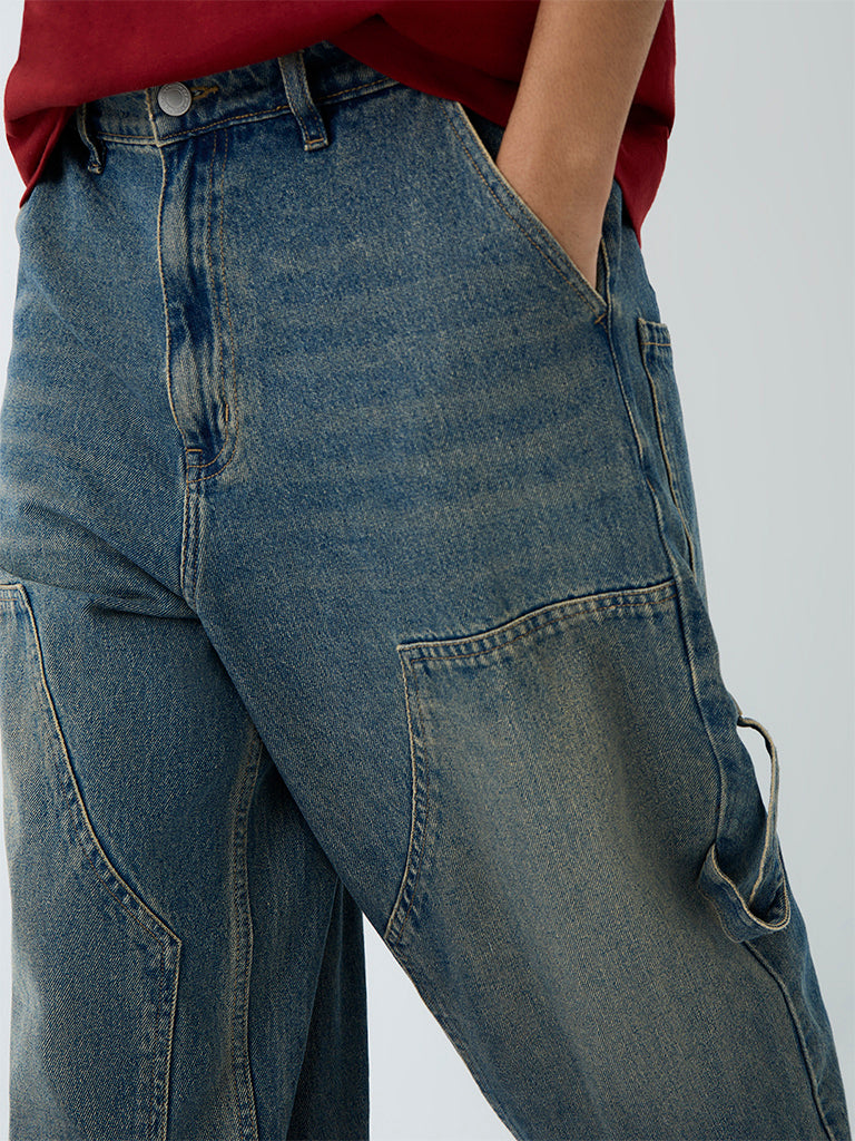 Nuon Blue Mid-Wash Baggy-Fit Mid-Rise Jeans