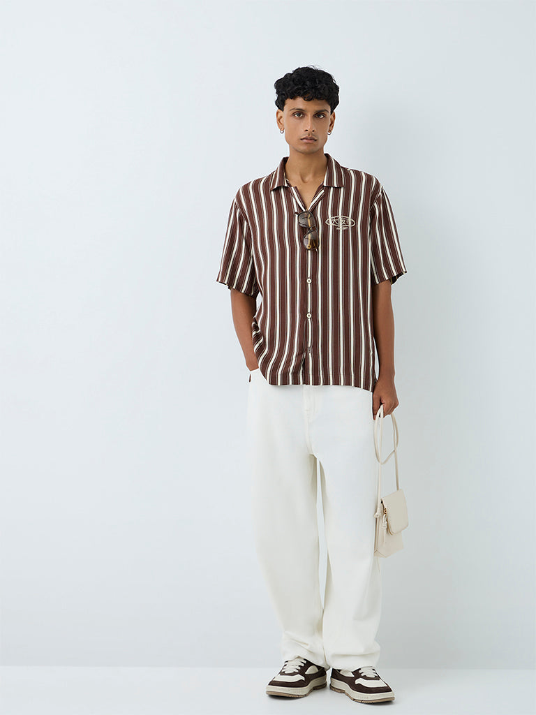 Nuon Dark Brown Striped Relaxed-Fit Shirt