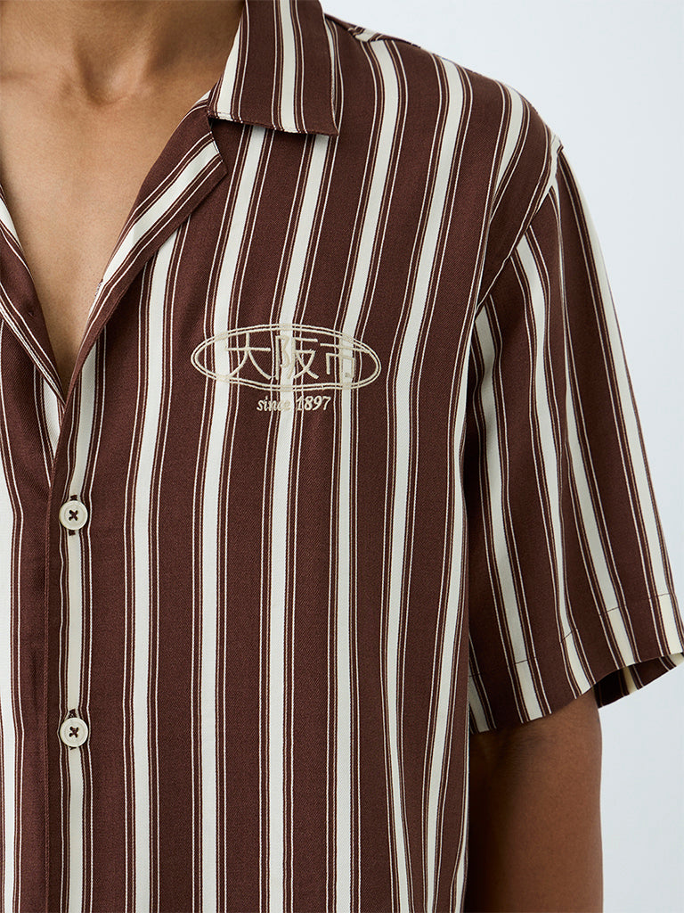 Nuon Dark Brown Striped Relaxed-Fit Shirt