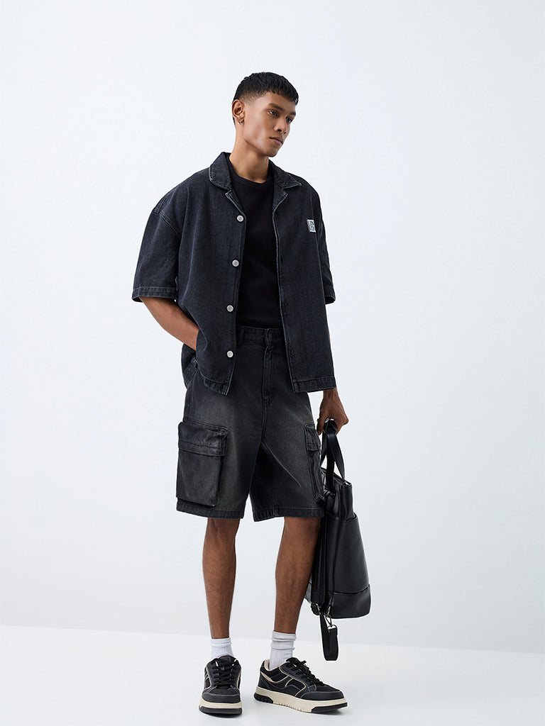 Nuon Dark Charcoal Text-Detail Boxy-Fit Denim Shirt