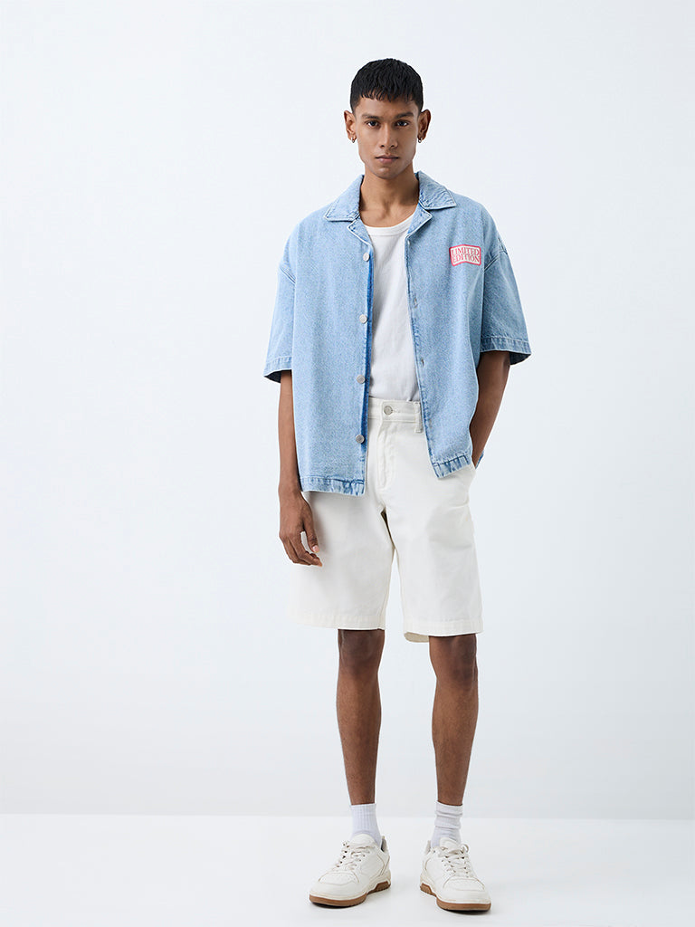 Nuon Light Blue Text-Detail Boxy-Fit Denim Shirt