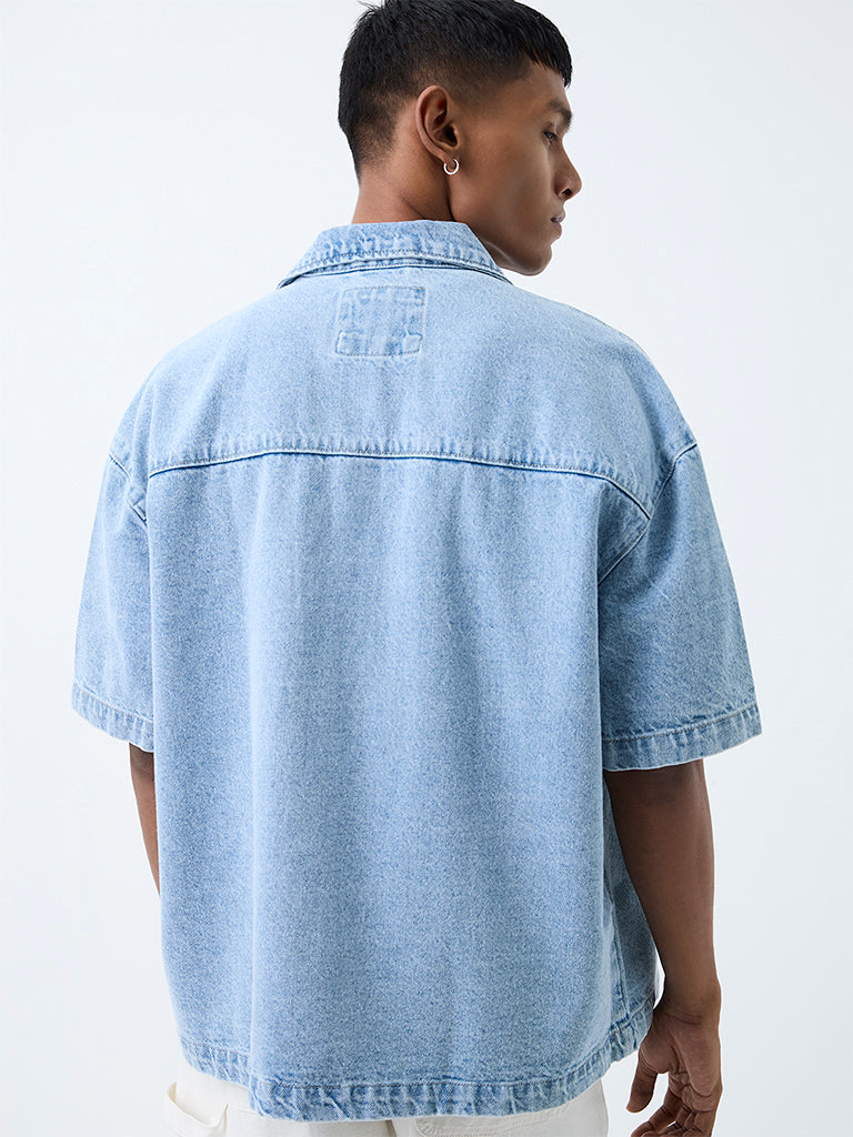 Nuon Light Blue Text-Detail Boxy-Fit Denim Shirt