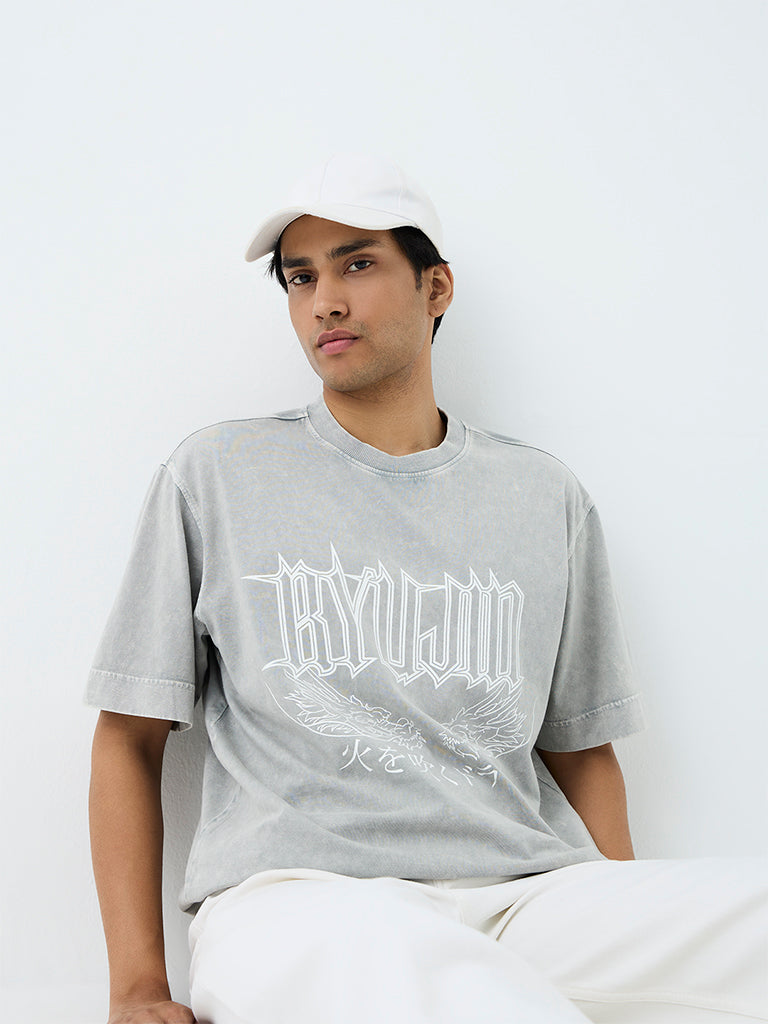 Nuon Grey Graphic Printed Oversized Cotton T-Shirt