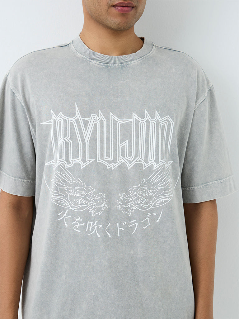 Nuon Grey Graphic Printed Oversized Cotton T-Shirt
