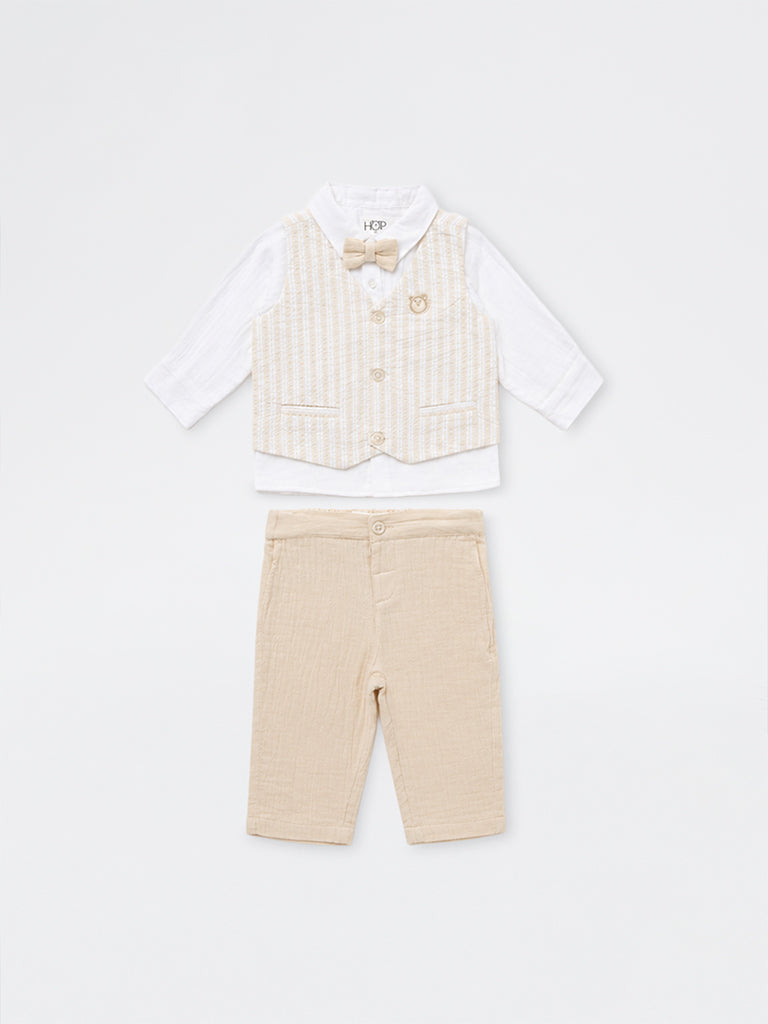 HOP Baby Boys White Cotton Shirt, Pants, Waistcoat and Bow Set