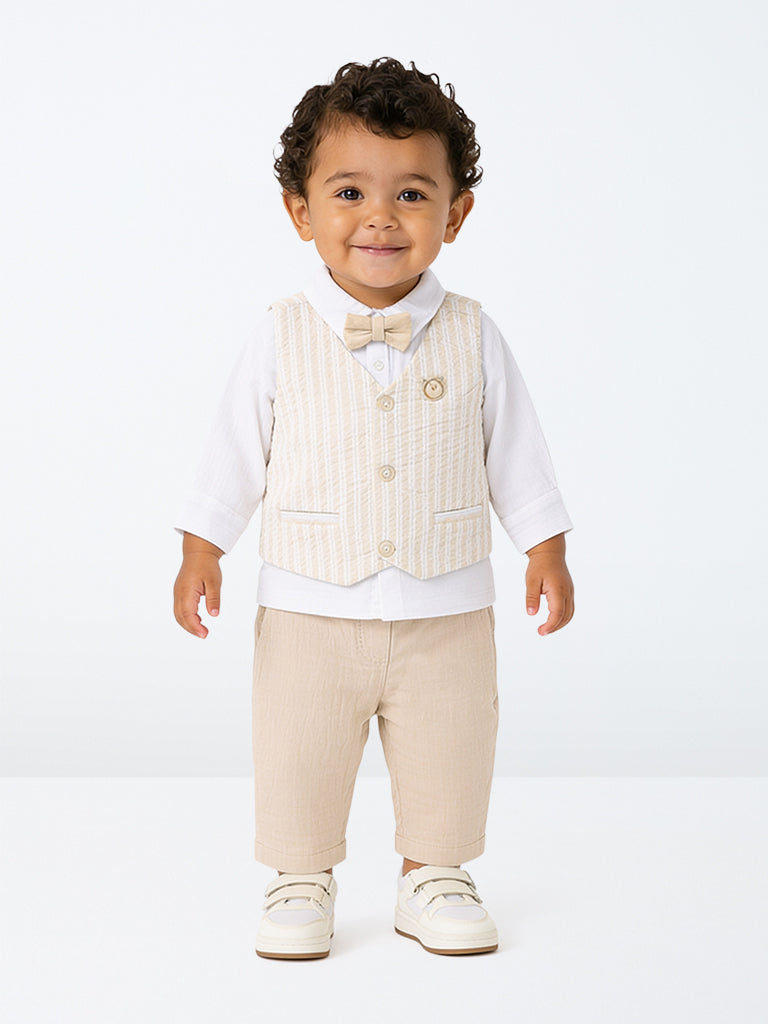 HOP Baby Boys White Cotton Shirt, Pants, Waistcoat and Bow Set