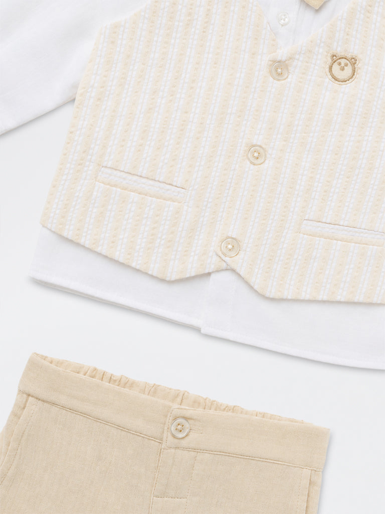HOP Baby Boys White Cotton Shirt, Pants, Waistcoat and Bow Set