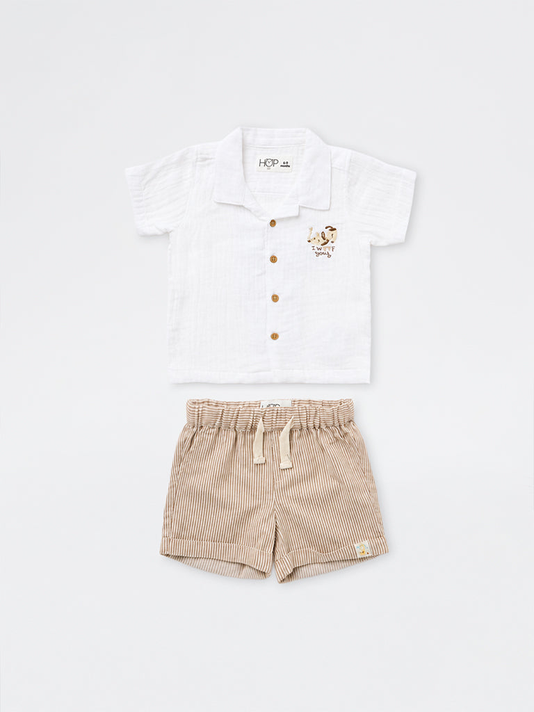 HOP Baby Boys White Crinkle-Textured Cotton Shirt and Shorts Set
