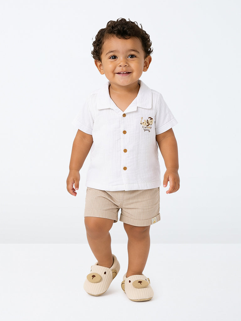 HOP Baby Boys White Crinkle-Textured Cotton Shirt and Shorts Set