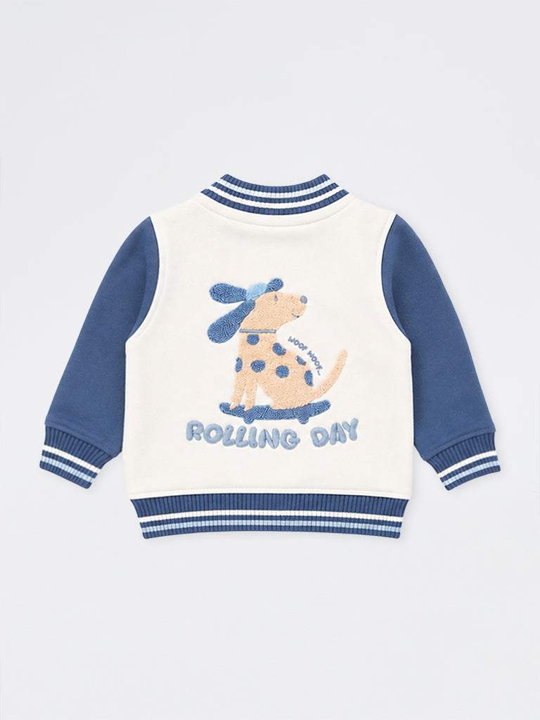 HOP Baby Boys White Dog Embroidered Cotton-Blend Varsity Jacket