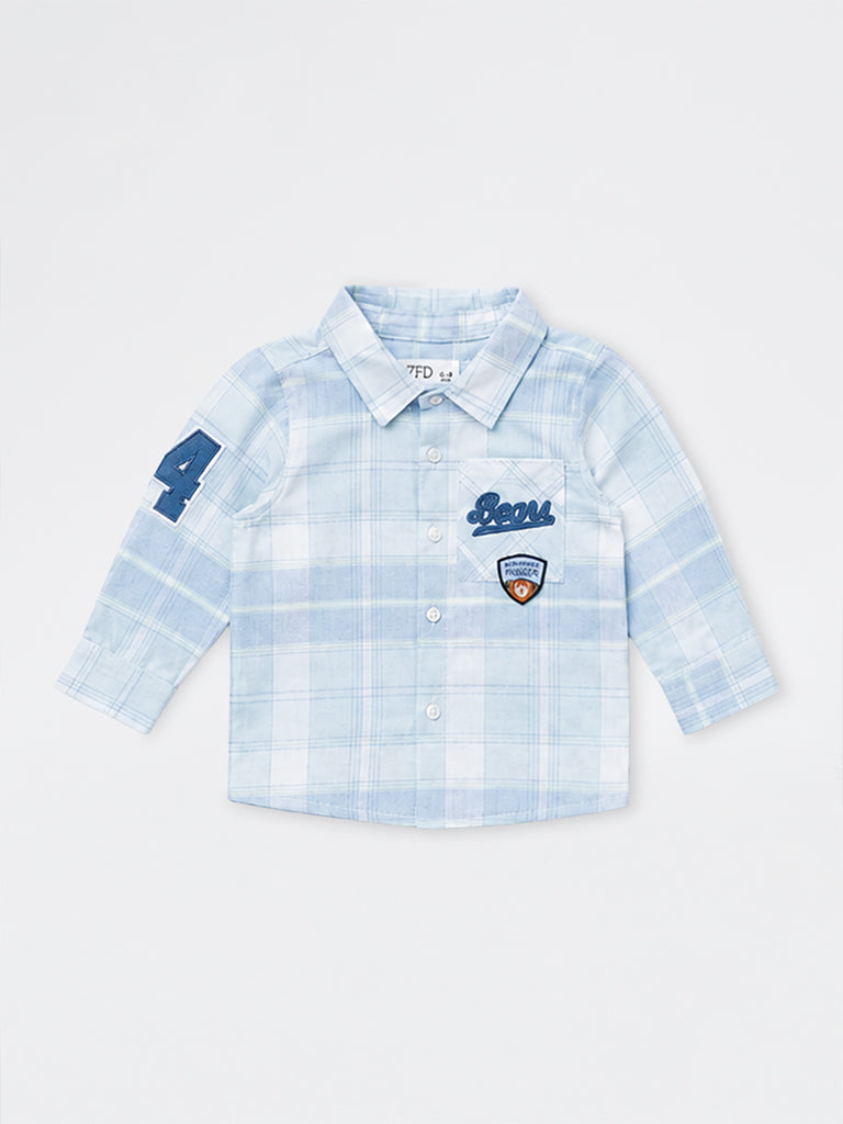 HOP Baby Boys Light Blue Checkered Cotton Shirt