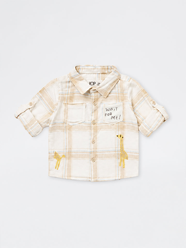 HOP Baby Boys Light Beige Checkered Cotton Shirt