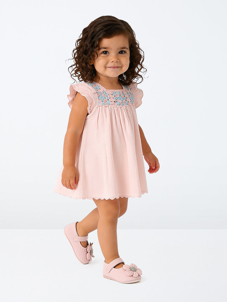 HOP Baby Girls Light Pink Crochet Embroidered Cotton A-Line Dress
