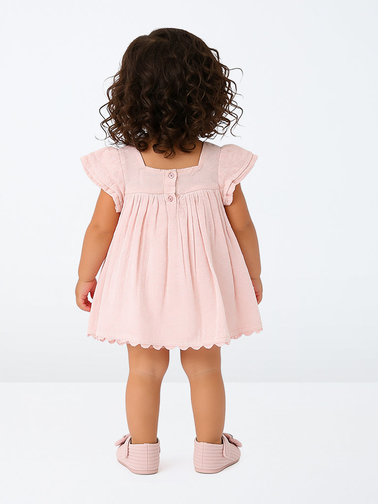 HOP Baby Girls Light Pink Crochet Embroidered Cotton A-Line Dress