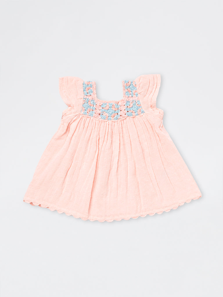 HOP Baby Girls Light Pink Crochet Embroidered Cotton A-Line Dress