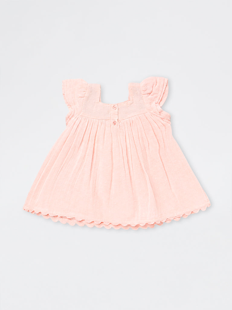 HOP Baby Girls Light Pink Crochet Embroidered Cotton A-Line Dress