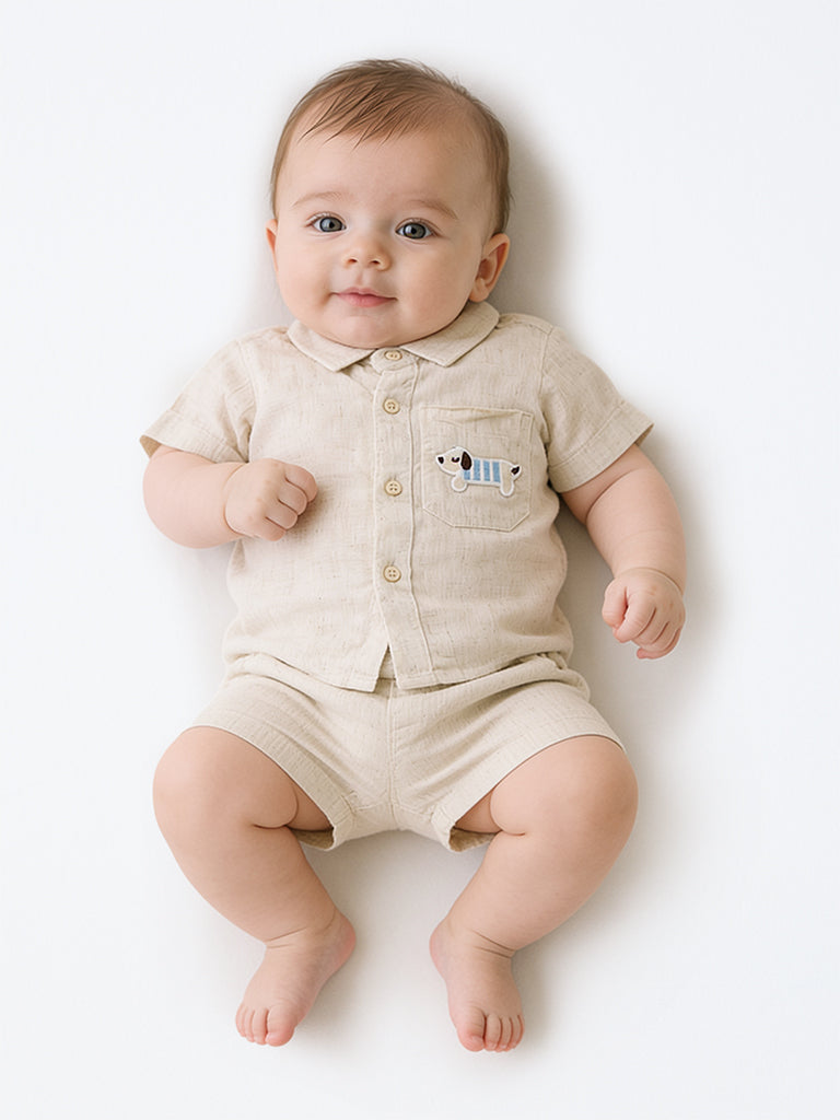 HOP Baby Boys Light Beige Patch-Detail Shirt and Shorts Set