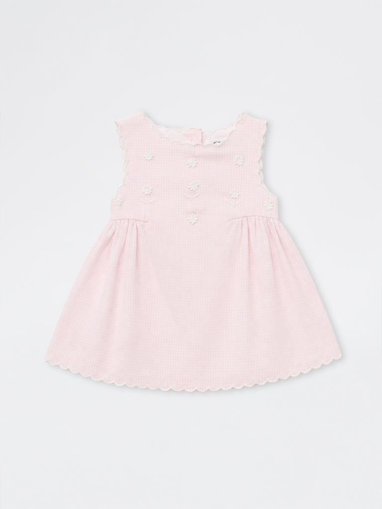 HOP Baby Girls Pink Checkered Cotton-Blend A-Line Dress