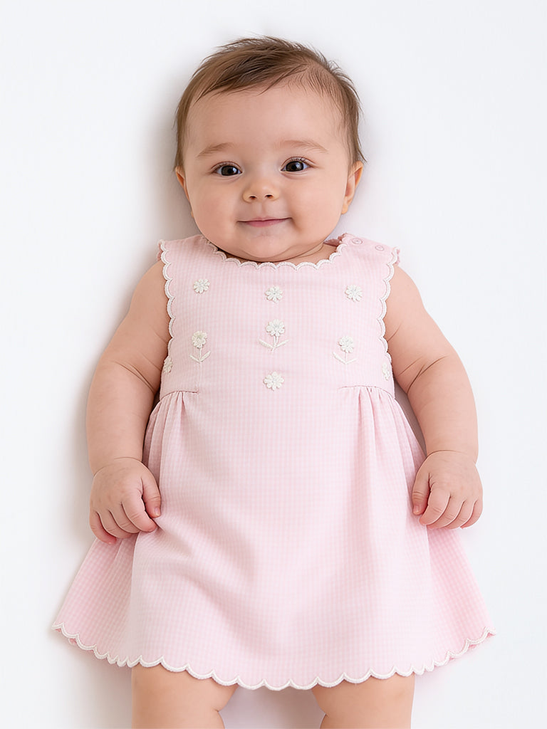 HOP Baby Girls Pink Checkered Cotton-Blend A-Line Dress