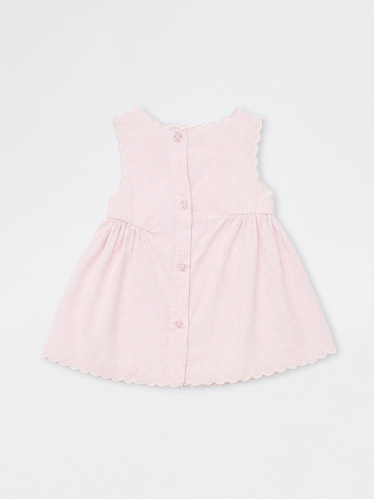 HOP Baby Girls Pink Checkered Cotton-Blend A-Line Dress