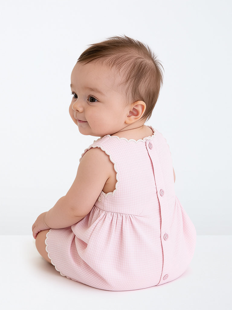 HOP Baby Girls Pink Checkered Cotton-Blend A-Line Dress