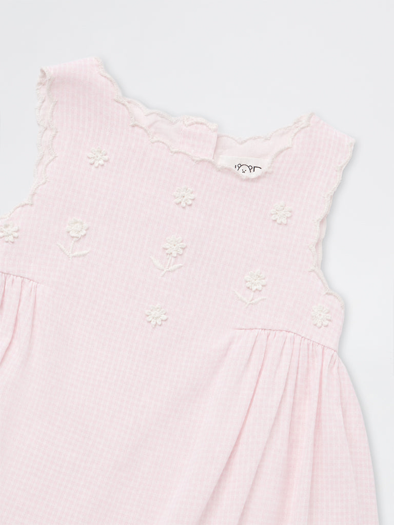 HOP Baby Girls Pink Checkered Cotton-Blend A-Line Dress